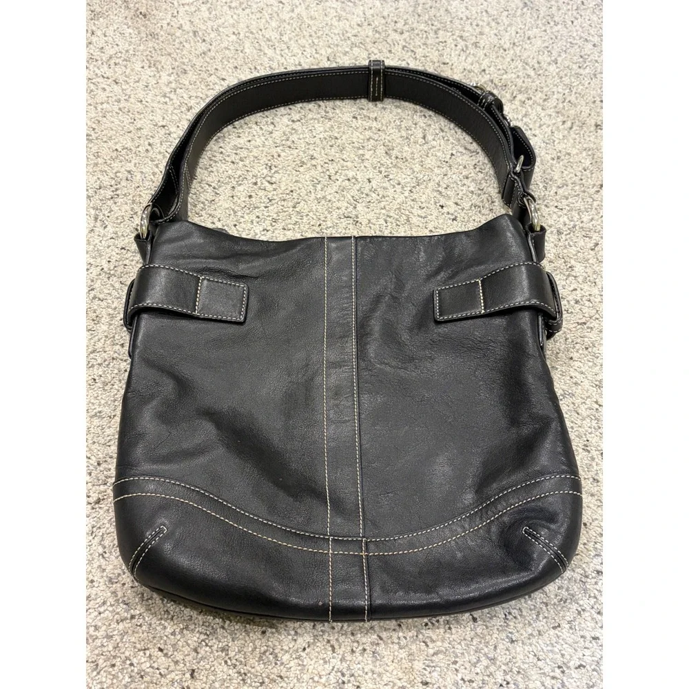 Coach Soho Black Leather Buckle Hobo Shoulder Bag White Stitching EUC